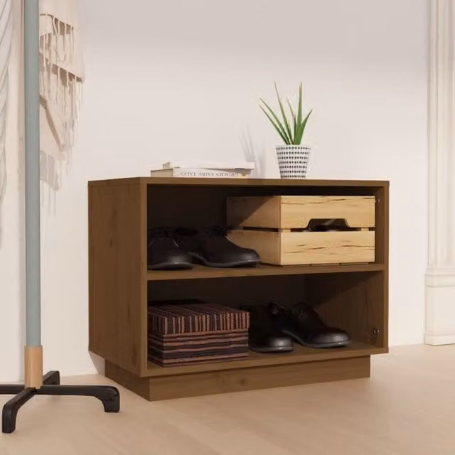 Berkfield Home Solid Wood Pine Shoe Cabinet in Honey Brown, W: 60 cm, D: 34 cm, H: 45 cm