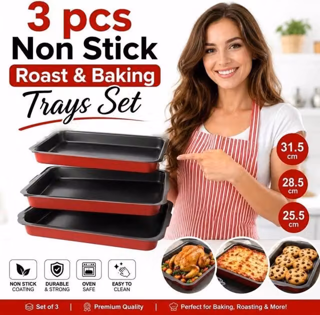 PAWNORA 3 Piece Non Stick Red Carbon Steel Rectangular Baking Tray Set – 1