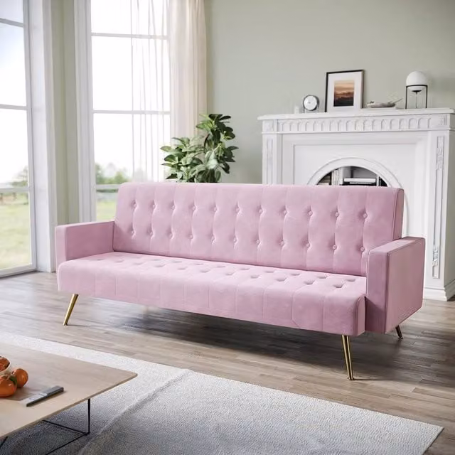 FORGEVIO 3 Seater Pink Velvet Sofa Bed with Sleeping Function – 1