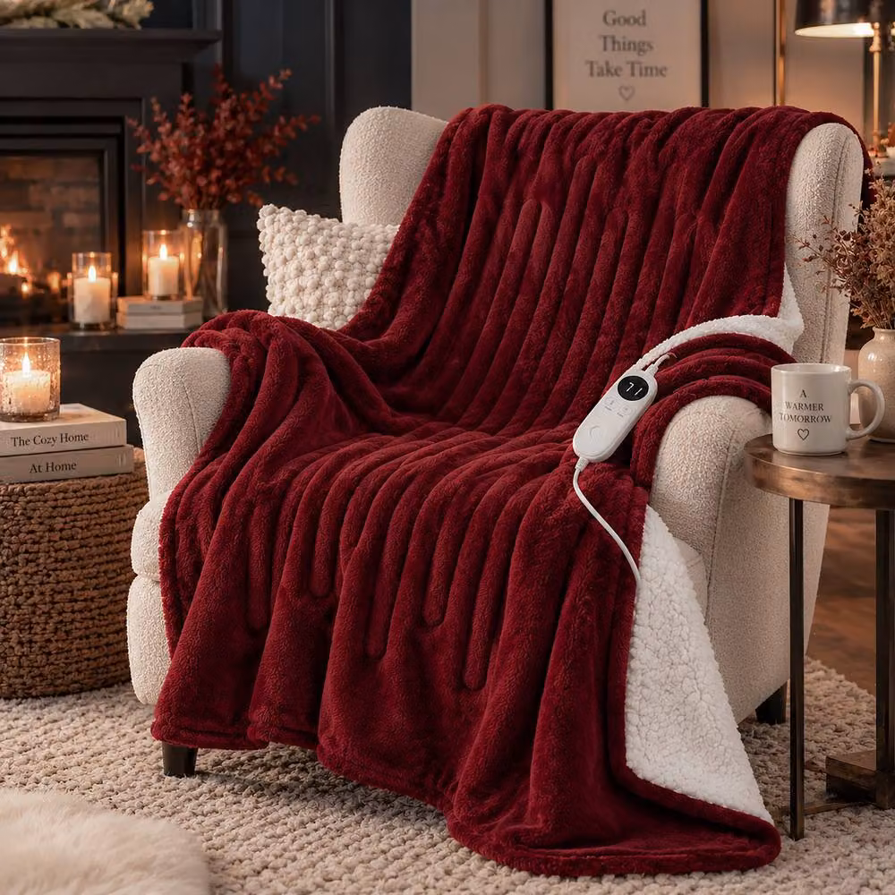 Marco Paul Luxury Sherpa Fleece Electric Heated Throw in Burgundy, W 150 cm x D 180 cm – 5