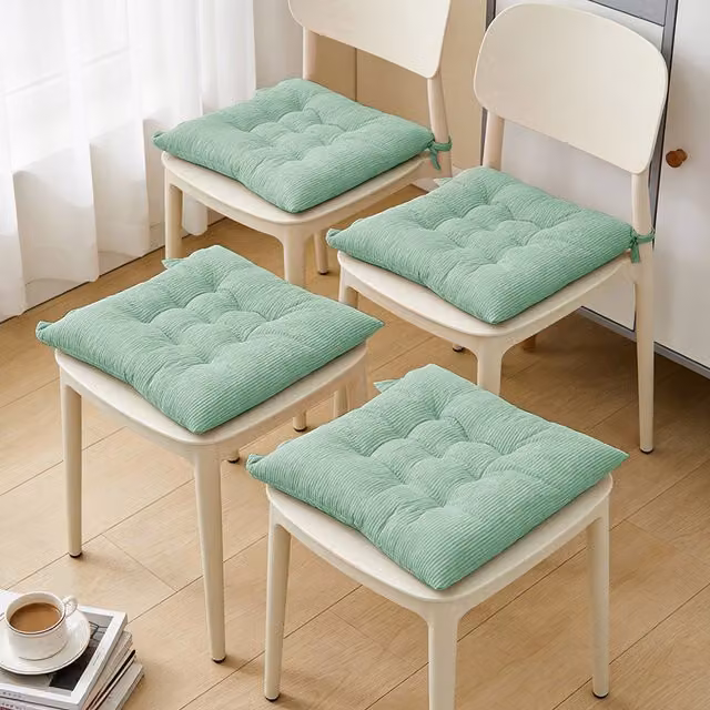 Livingandhome Set of 4 Green Corduroy Square Chair Cushions with Ties, Ergonomic and Quilted Design