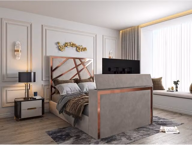 Casani Rayleigh Upholstered Soft Velvet TV Bed Frame with USB Charging Port in Grey, W/D/H: 140 x 200 cm