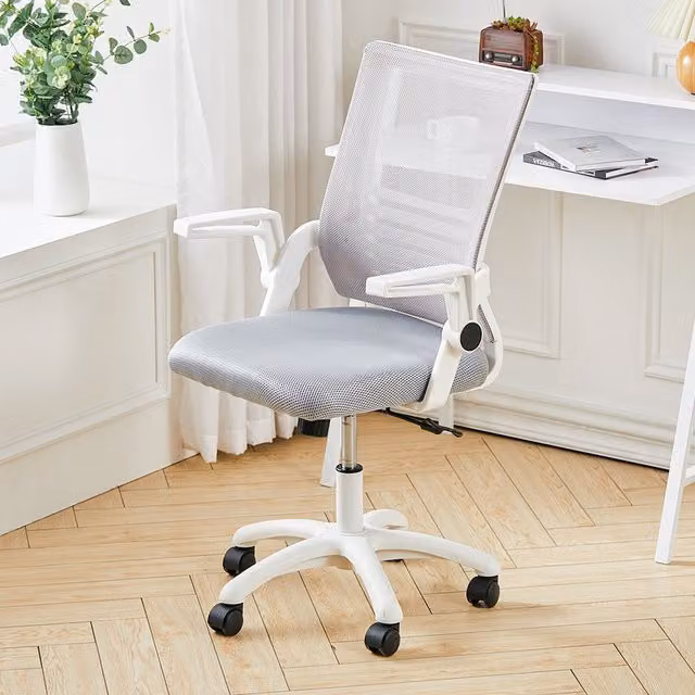 Livingandhome Ergonomic Modern Fabric Swivel Office Chair with Armrests and Height Adjustment in White and Grey