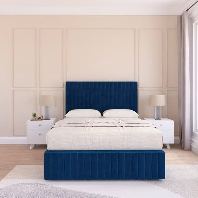 Sloomy Madison Divan Bed Set with Matching Footboard in Navy Blue Plush Velvet, Super King, W: 200 cm x D: 200 cm