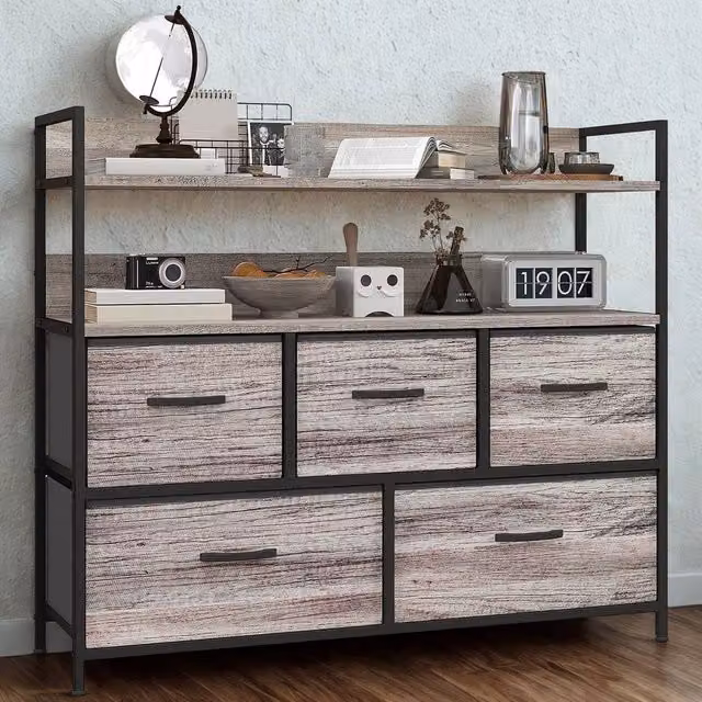 FURNOS Industrial 5 Drawer Chest Storage Unit with Shelves in Grey and Black Metal