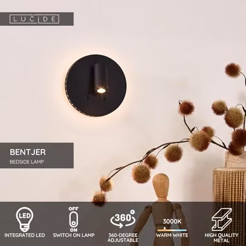 Lucide Bentjer Modern Adjustable LED Reading Wall Light, Black, Ø 14 cm – 3