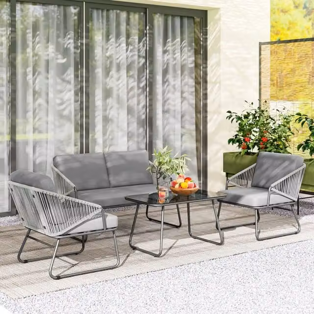 OUTSUNNY 4 Piece Grey Rattan Garden Furniture Set with Upholstered Cushions and Powder Coated Steel Frame – 1