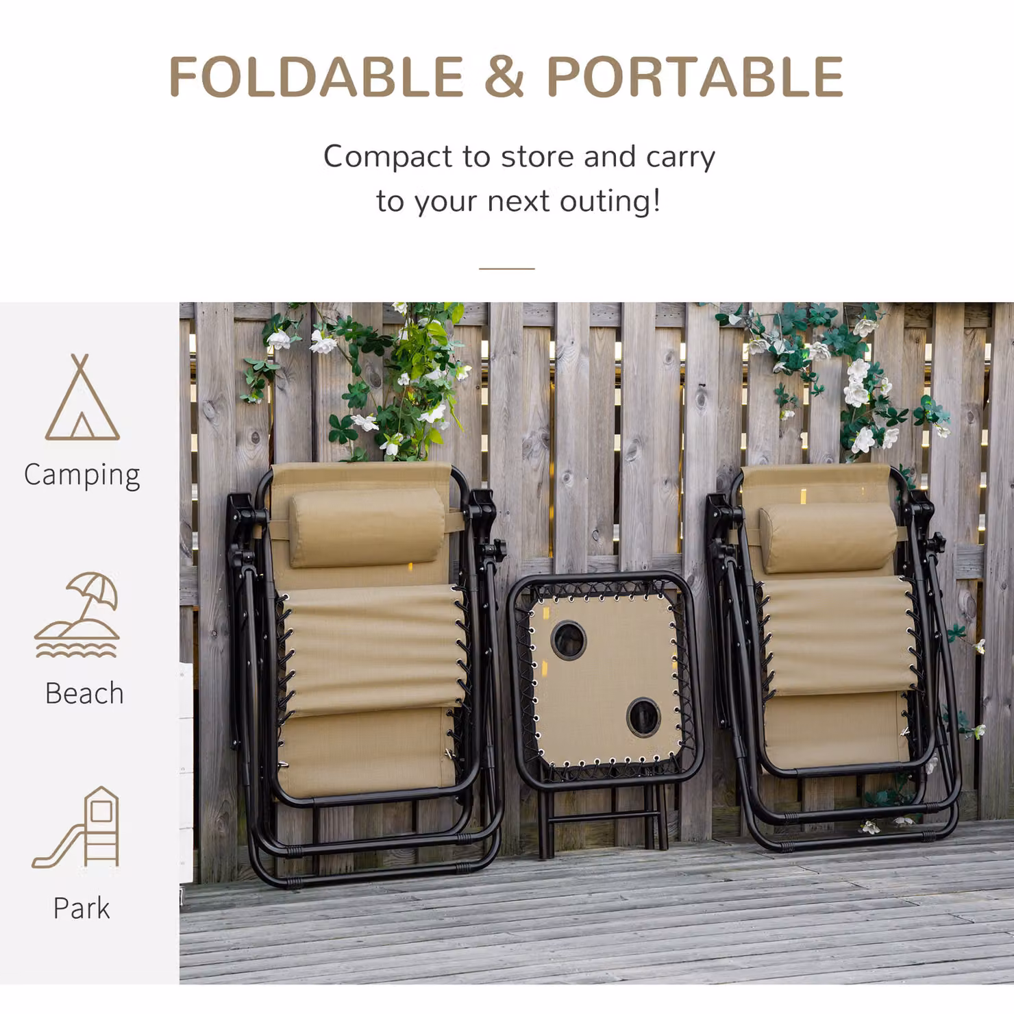 Outsunny 3-Piece Folding Zero Gravity Sun Lounger and Table Set with Cup Holders, Beige – 6
