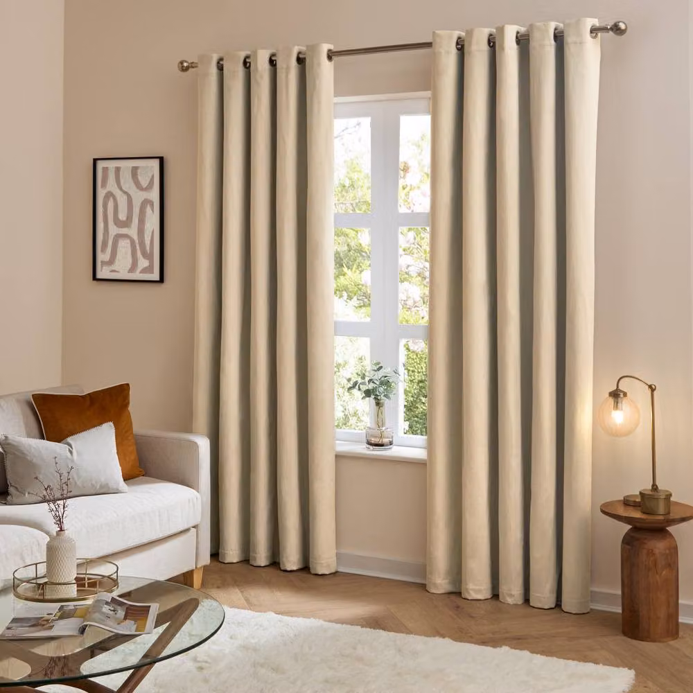 Furn Ultimate Velvet 100% Blackout Eyelet Curtain Pair in Beige, Width: 168 cm, Drop: 183 cm – 2