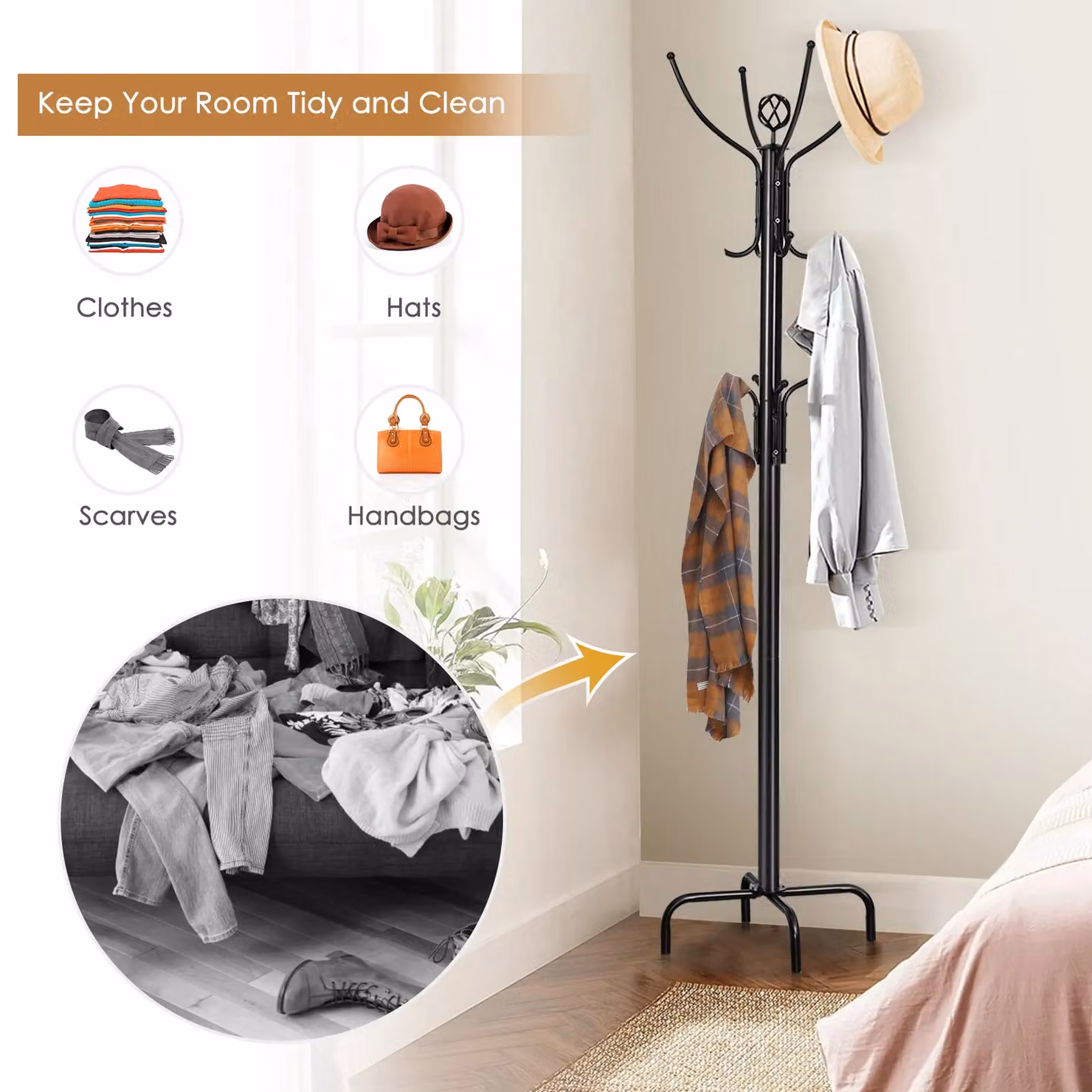 Costway Metal Coat Rack with 12 Hooks, Freestanding Black Hat and Clothes Hanger Stand – 3