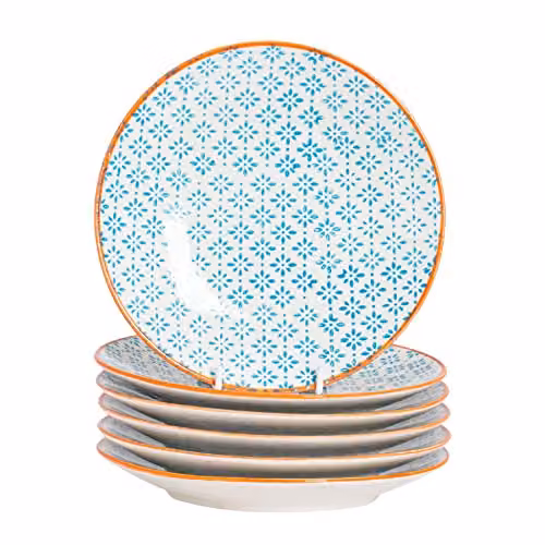 Nicola Spring Hand-Printed Floral Porcelain Side Plates, Blue, White and Orange, Pack of 6, Diameter: 18 cm