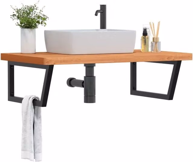 Berkfield Home Wall Mounted Basin Shelf in Brown Steel and Solid Beech Wood – 1