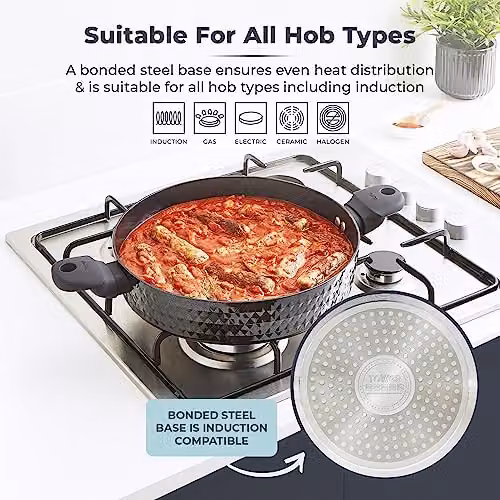 Tower Diamo Aluminium Shallow Casserole Dish with Black Diamond Ceramic Non-Stick Coating and Tempered Glass Lid, Black, Diameter: 30 cm – 6