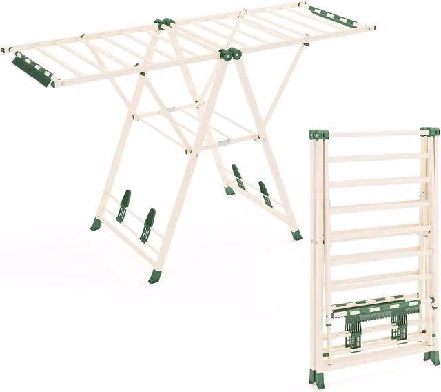 Gymax Foldable Metal Laundry Drying Rack with Sock Clips in Beige – 1