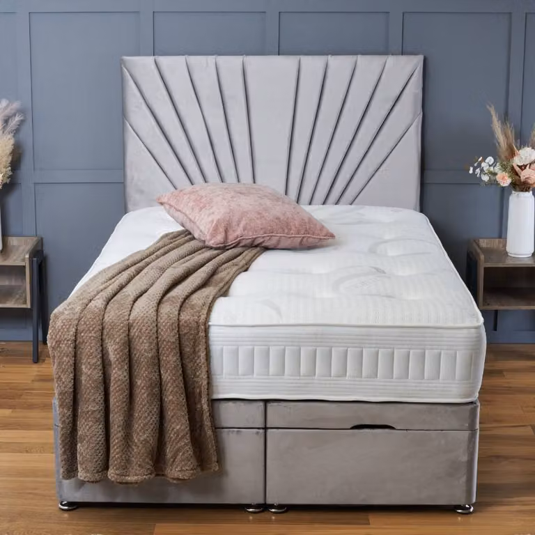 BSSPOKE Maria Ottoman Divan Bed with 54 inch Headboard and Mattress in Pink Plush Velvet, Small Double, W/D/H: 120 x 200 cm