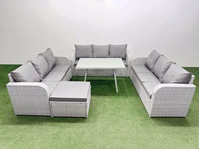 Fimous 10 Seat Outdoor PE Rattan Garden Furniture Set in Light Grey with Large Stool