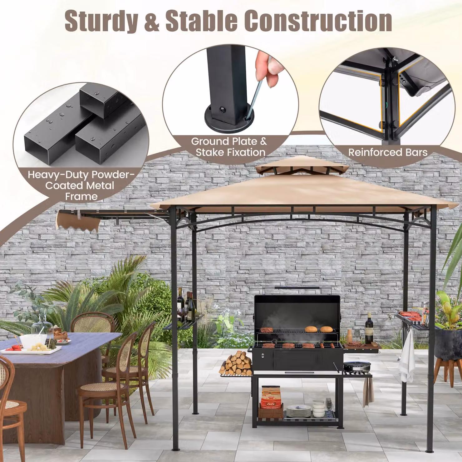 Costway Grill Gazebo Outdoor Barbecue Canopy Tent with Side Awning, Beige, W: 318 cm, D: 153 cm, H: 250 cm – 6