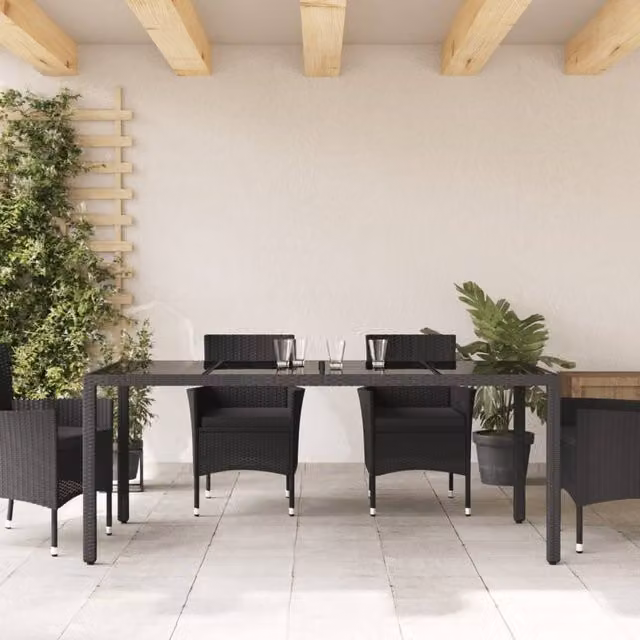 Berkfield Home Black Poly Rattan Garden Table with Glass Top W: 190 cm, D: 90 cm, H: 75 cm – 1