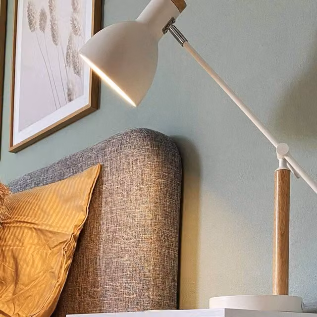 Wyld and Coco White Metal and Wood Table Lamp with Adjustable Crane Arm, Height: 50 cm