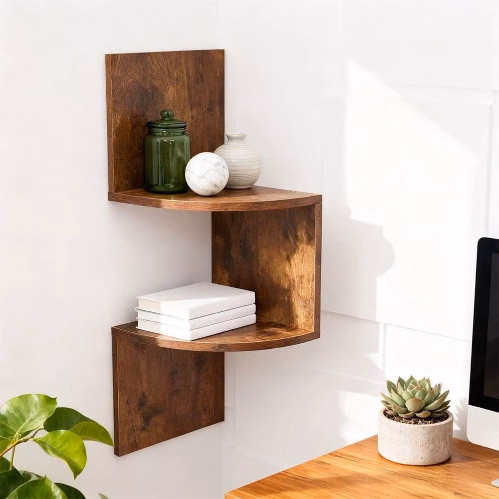 FLAVORA 2 Tier Rustic Brown Wooden Corner Floating Wall Shelves – 4