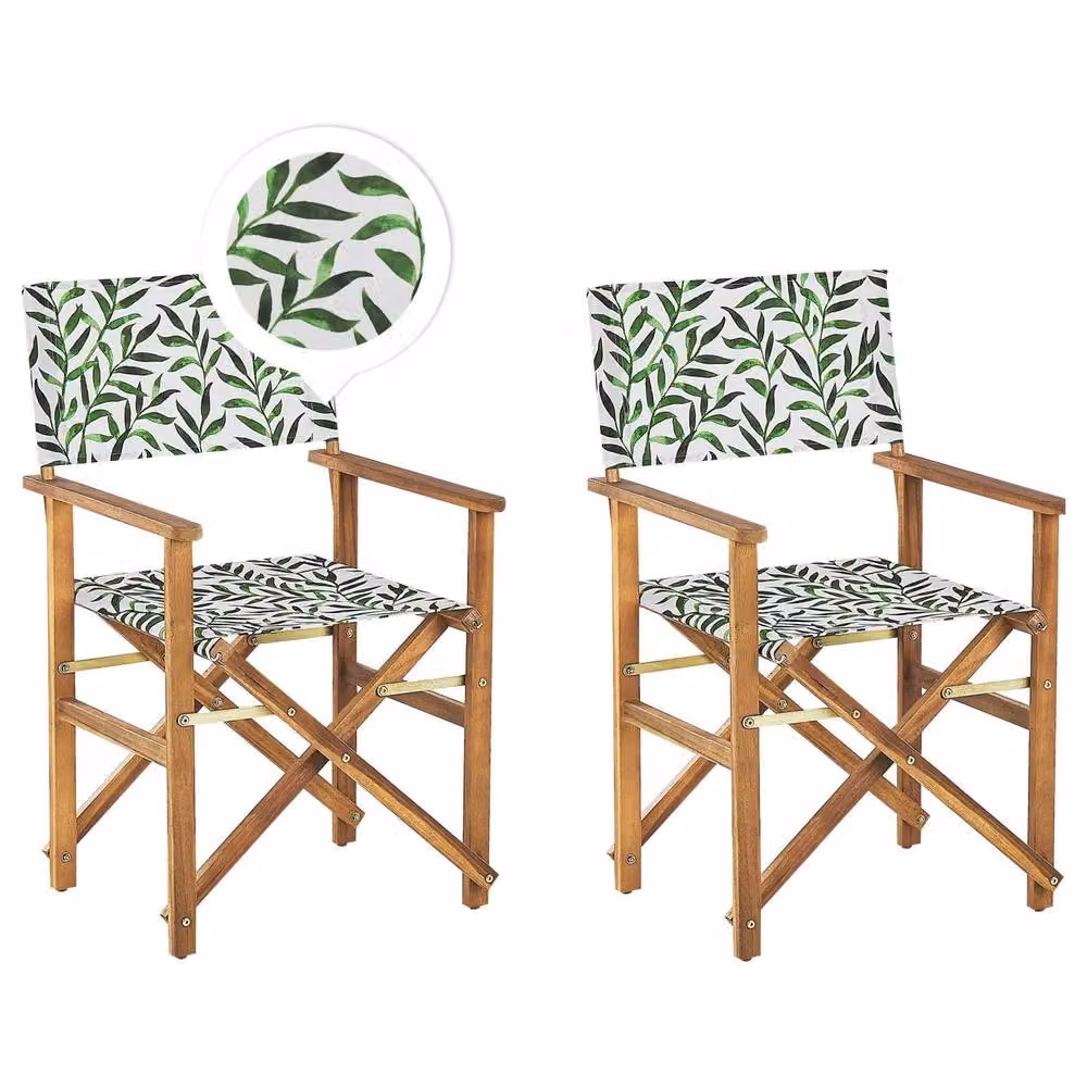 Wyld and Coco Set of 2 Folding Acacia Wood Garden Director Chairs with White and Green Floral Cushions – 2