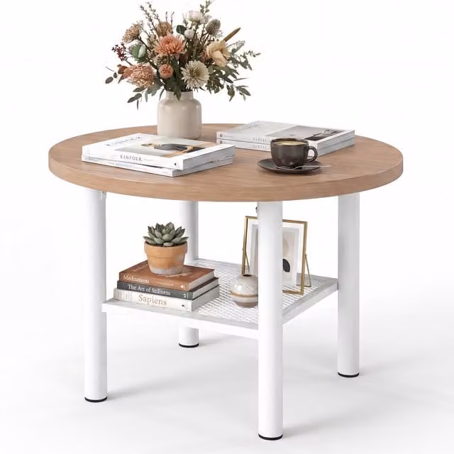 Costway Modern 2 Tier Round Coffee Table with Wood and Metal Frame in Brown