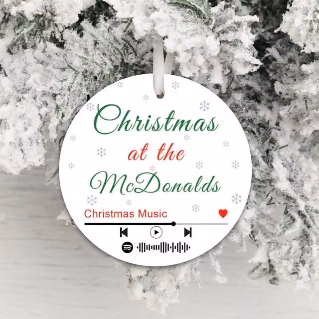 Uniqueful Personalised Christmas Songs Playlist Round Hanging Pendant Decoration in White and Transparent Plastic