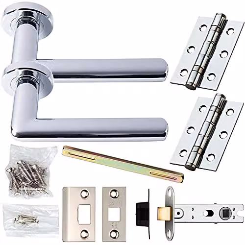 Loops Chrome Modern Straight Slim Door Handle and Latch Pack with Screwless Round Rose