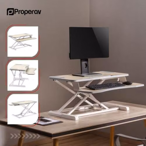 Properav Mobile Two Tier Stand Up Desk Converter Workstation with Gas Spring Height Adjustment and Keyboard Tray, White – 5