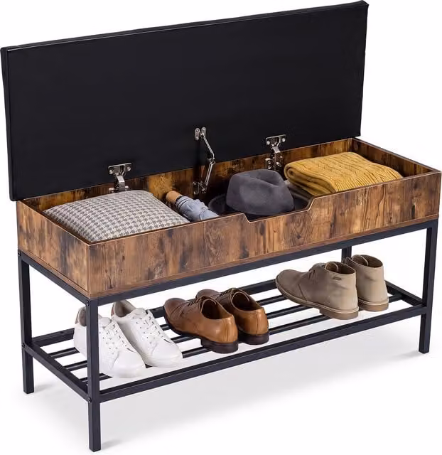 COSTWAY Industrial Shoe Storage Bench with Lift Top and Shelf, Brown, W: 100 cm