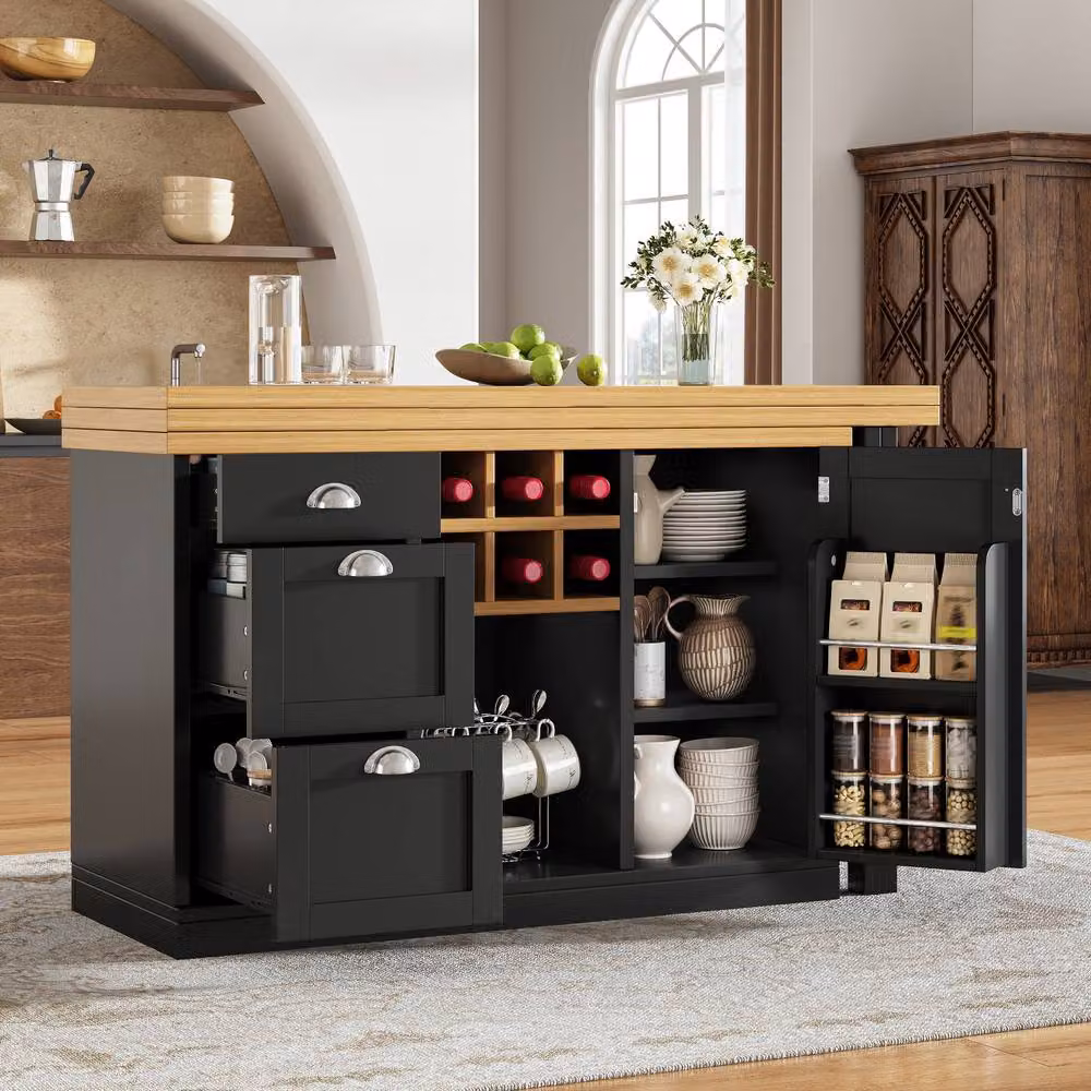 BTM Extendable Sideboard Dining Table with Wine Rack and Storage Drawers in Black – 3