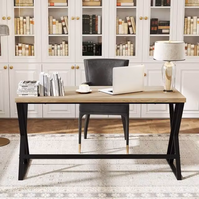 NESTLUNE Industrial Computer Desk in Brown and Black with Metal X-Frame – 1