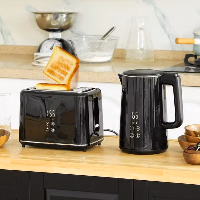 HOMCOM Black Stainless Steel Digital Kettle 1.5L and 2 Slice Toaster Set