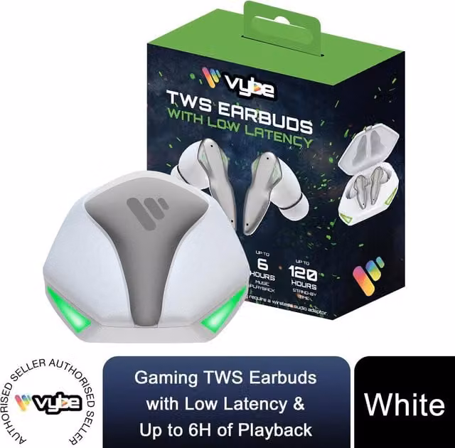 Vybe TWS True Wireless Earbuds with Low Latency and 6H Playback, White