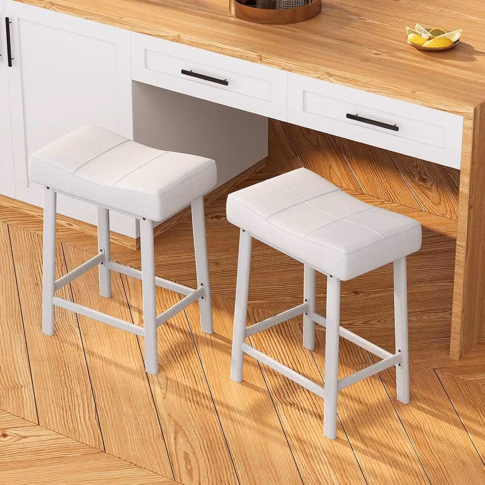 London Boutique Set of 2 White Padded PU Leather Kitchen Bar Stools with Metal Footrests – 3