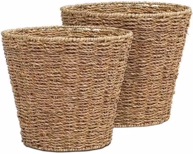 Kelvenix Set of 2 Brown Woven Seagrass Waste Paper Baskets in a Round Open Weave Design