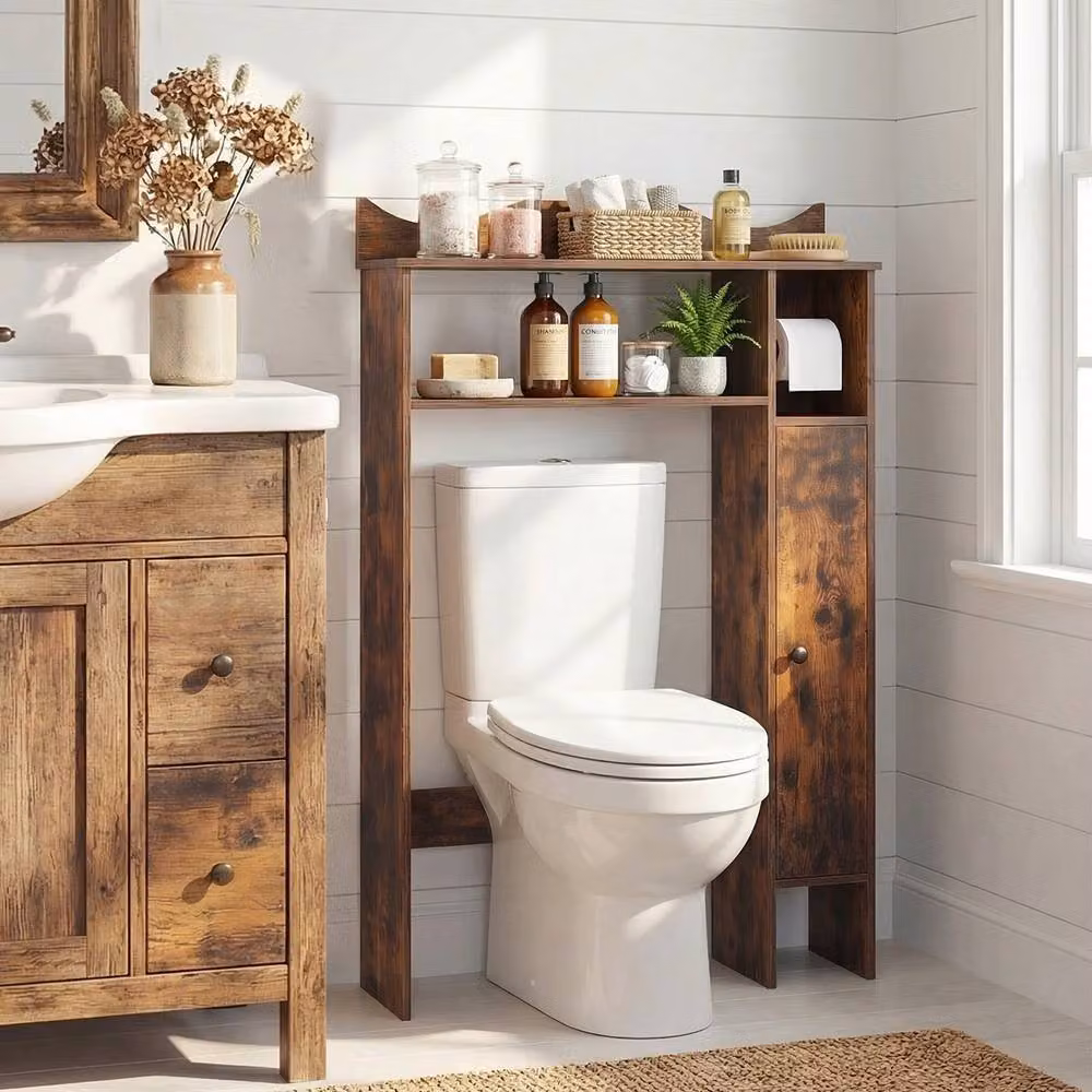 Costway Over The Toilet Storage Cabinet with Toilet Paper Holder in Brown – 5