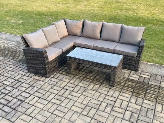 Fimous 6 Seat Rattan Garden Furniture Set with Corner Sofa, Coffee Table and Upholstered Cushions in Grey