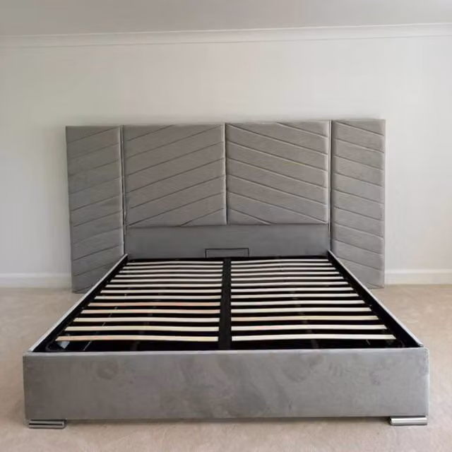 Stratus Interiors Atlas Designer Upholstered Bed Frame with Gold and Silver Trim in Grey, Double (W: 140 cm, L: 200 cm)