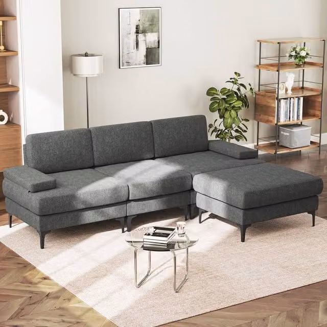 Dprodo 4 Seater L-Shape Corner Sofa Set in Dark Grey Chenille Fabric – 1