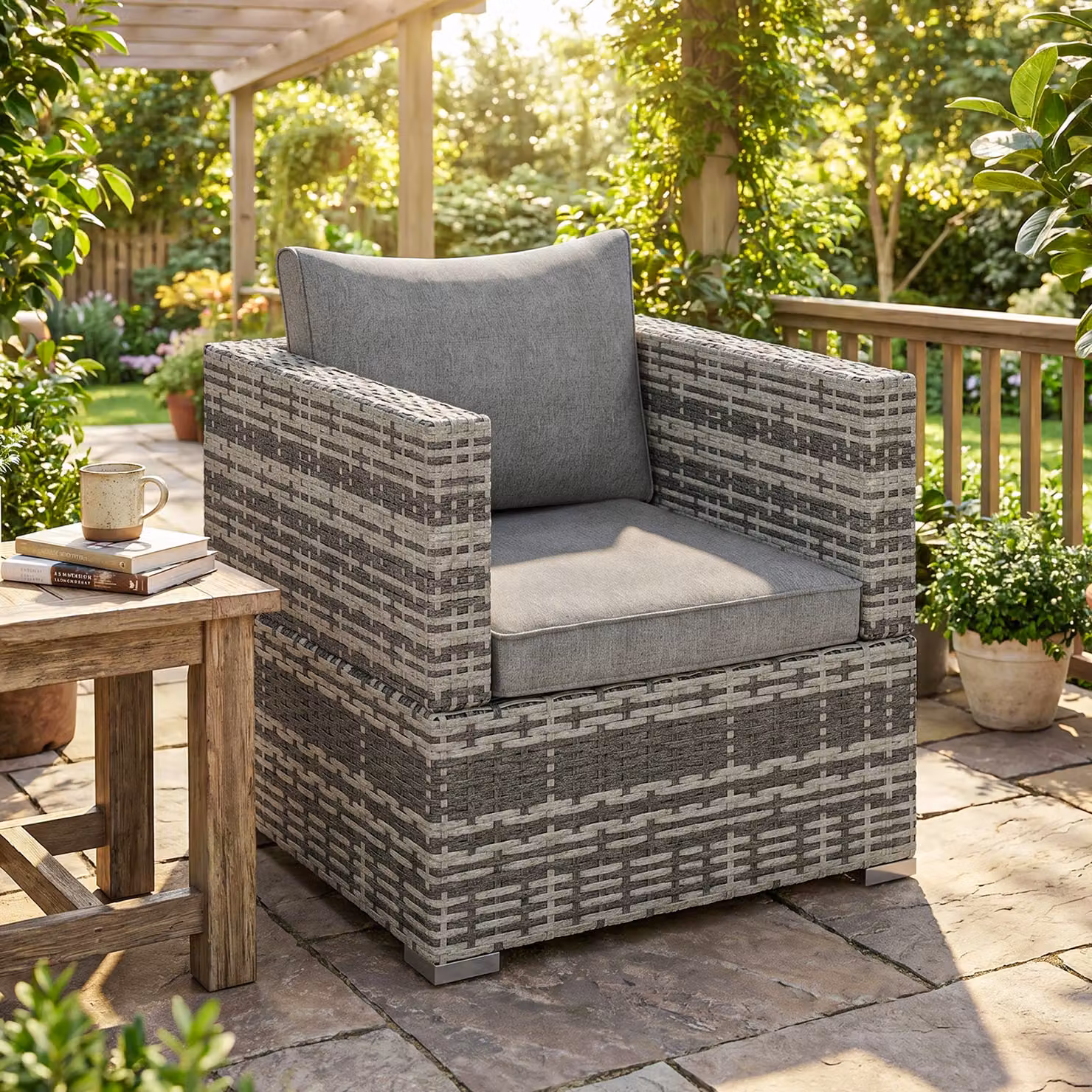 Outsunny Grey Single Rattan Outdoor Patio Sofa Chair with Padded Cushion for Garden or Balcony – 5