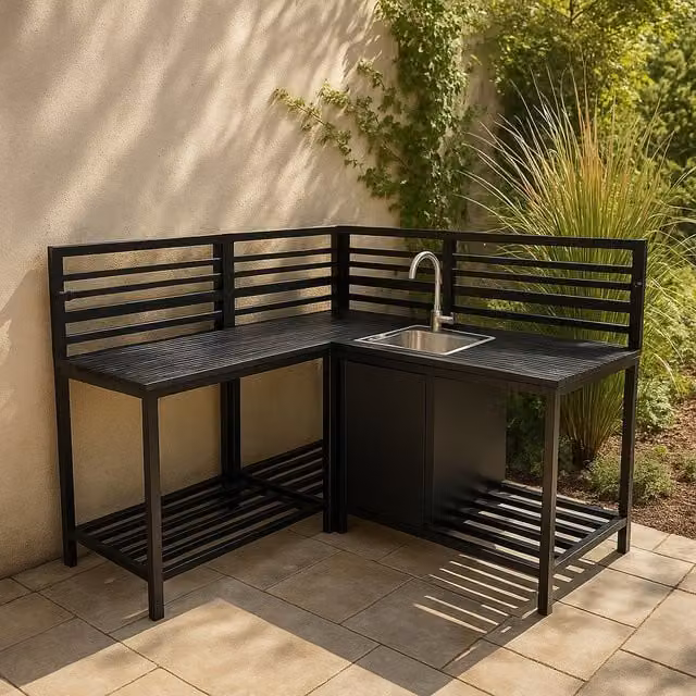 Monster Shop Modern Freestanding Corner Outdoor Kitchen in Grey Matt Metal and Aluminium