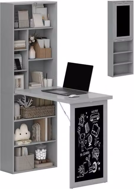 KORVIXA Grey Folding Convertible Writing Desk with Blackboard, W/D/H: 98.0 x 153.0 x 0.6 m2