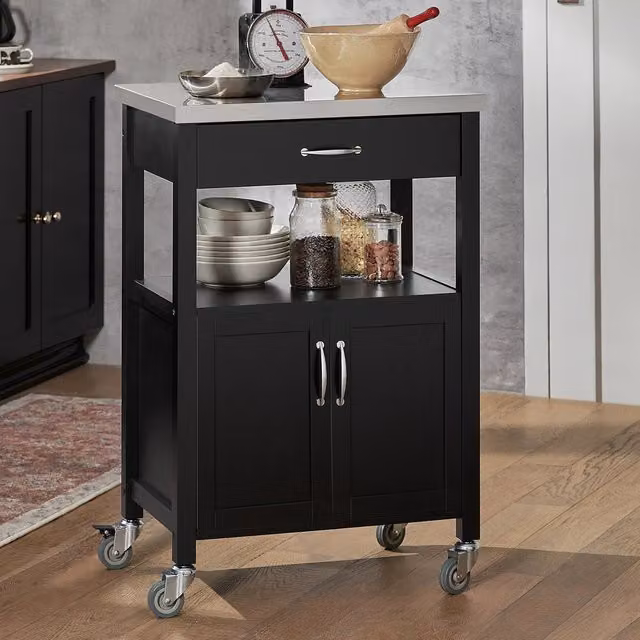 SoBuy Modern Kitchen Storage Serving Trolley with Drawer and Shelf in Matt Black