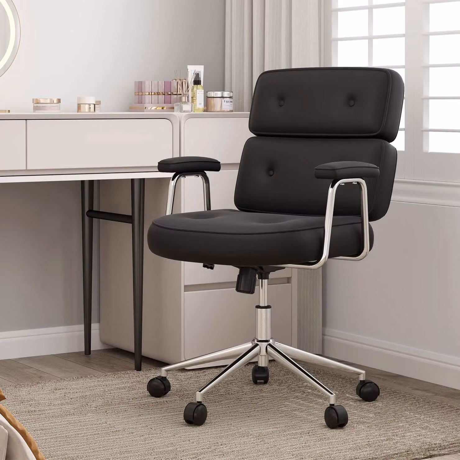 Costway Black PU Leather Upholstered Office Task Chair with Button Tufted Back – 3