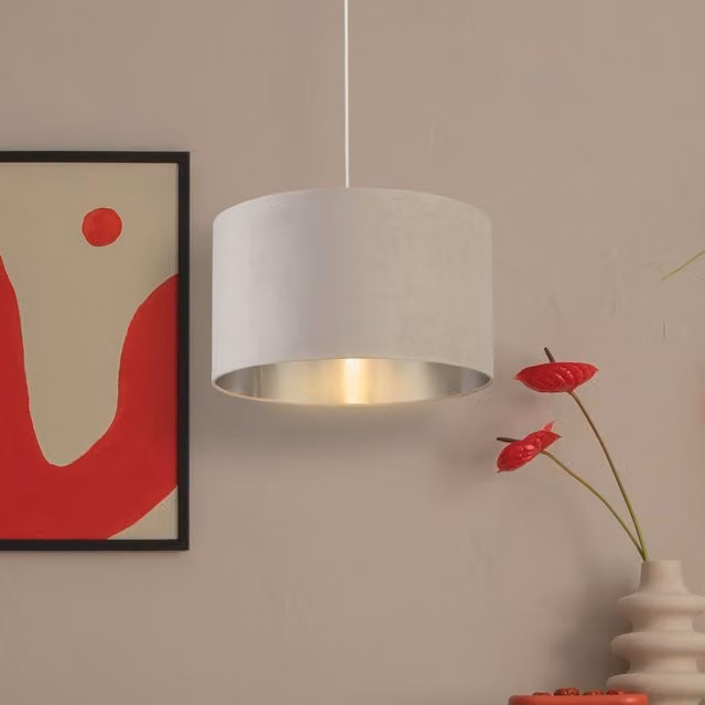 Lighting Collection Grey Velvet Drum Lamp Shade with Silver Inner, Diameter: 45 cm – 1