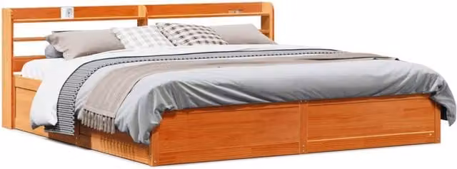 Berkfield Home Rustic Solid Wood Pine Bed Frame with Headboard and Side Compartments, Wax Brown, 200 x 200 cm