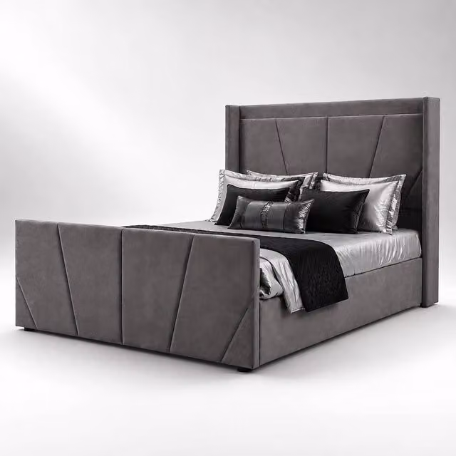 Harmin Luxury 4ft6 Double Ottoman Winged Bed in Dark Grey Plush Velvet with Lift Up Base, W/D/H: 140 x 200 x 126.5 cm