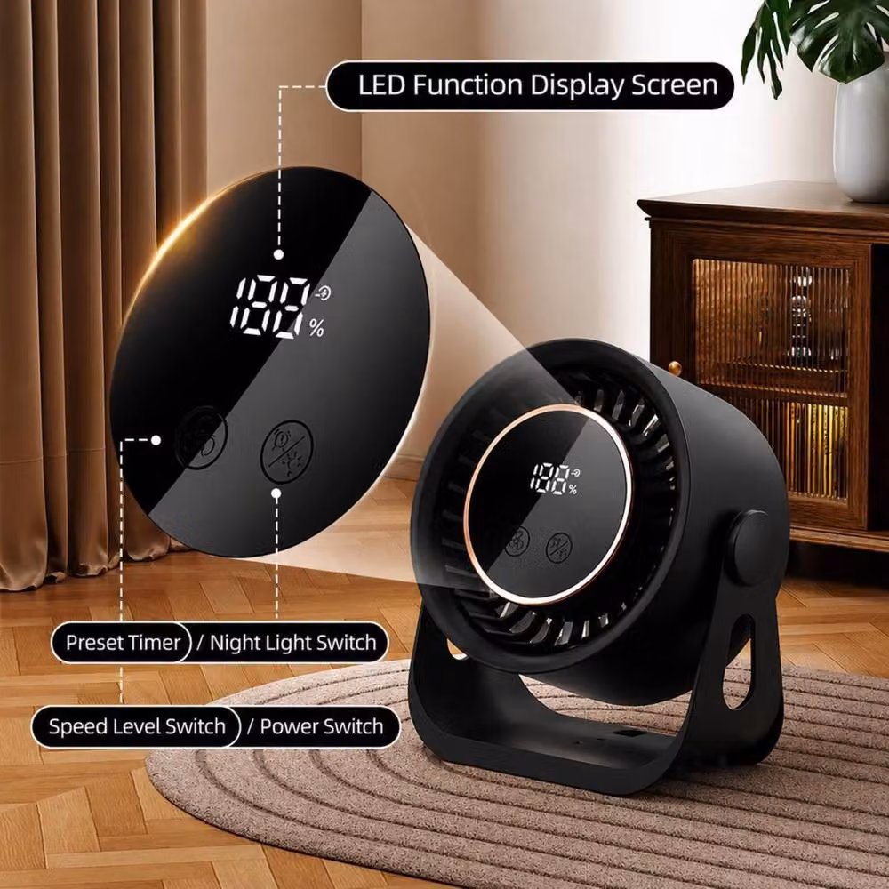 Dyzi Rechargeable Desktop and Wall Mount Fan with Digital Display and 199 Speeds in Black – 4