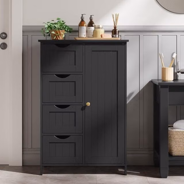 VASAGLE Black Minimalist Bathroom Floor Storage Cabinet with 4 Drawers and 1 Hinged Door – 1